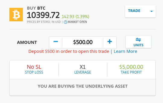 Interfața de cumpărare a unui BTC pe eToro