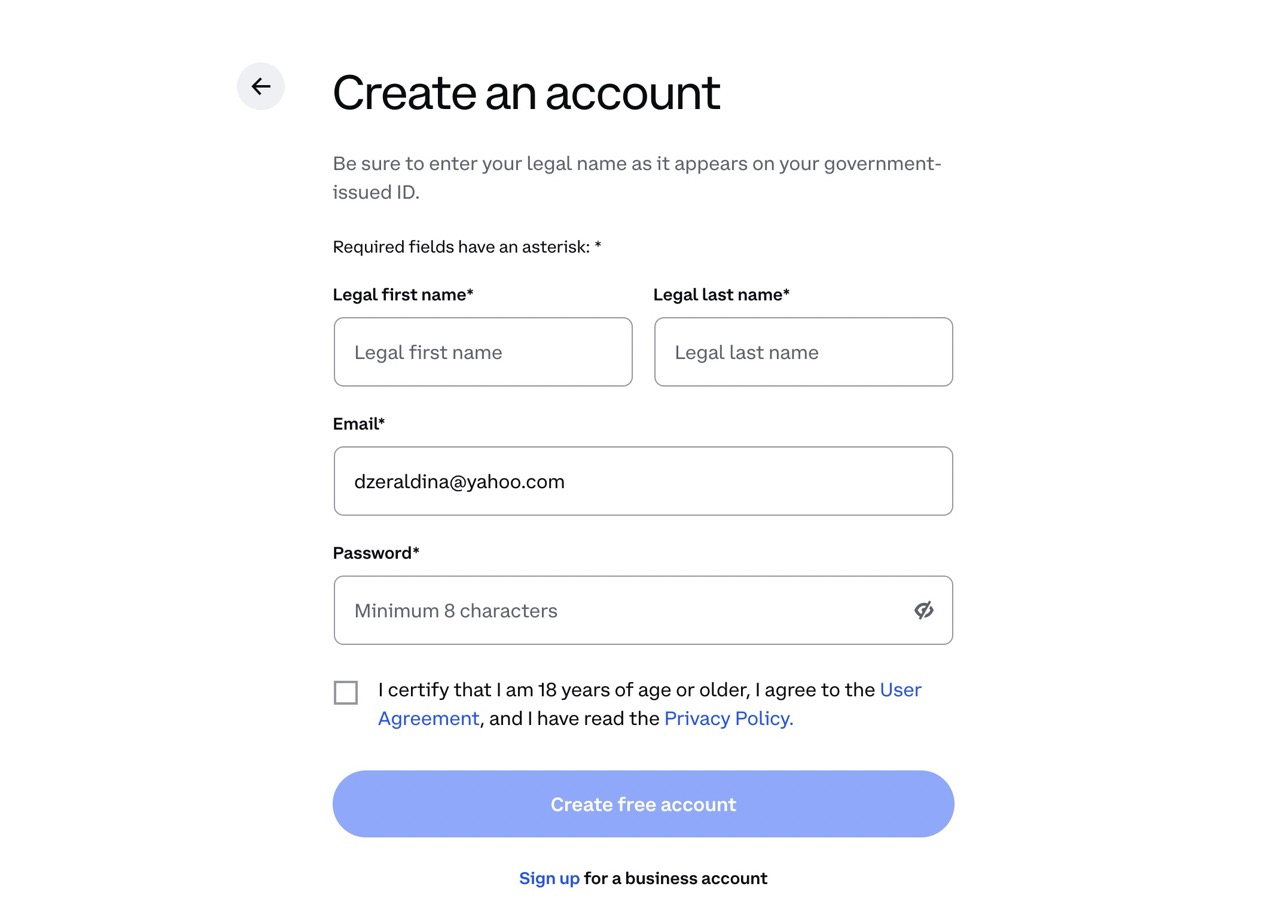 Coinbase create an account