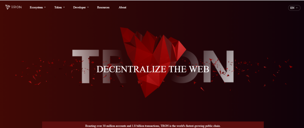 Hlavná stránka kryptomeny Tron - decentralize the web