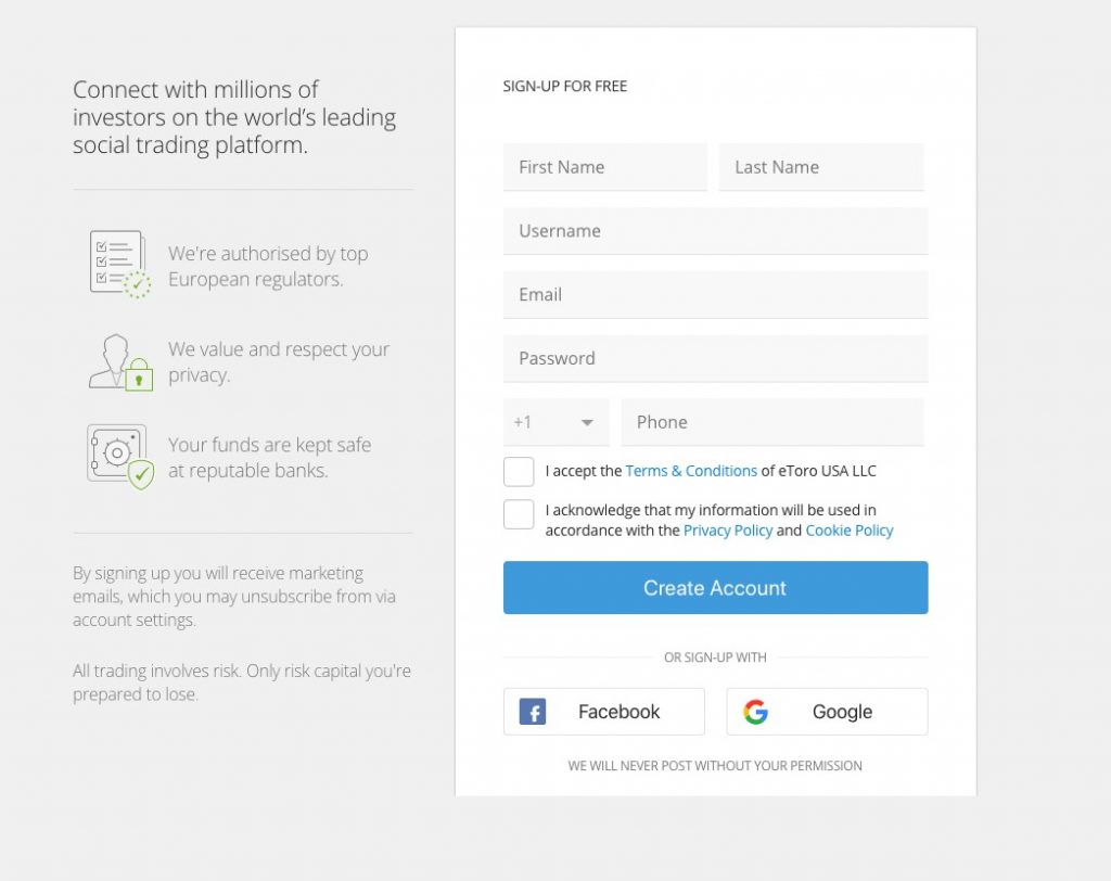 registrácia na obchodnej platforme eToro - screenshot formuláru