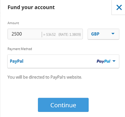 vklad prostriedkov na obchodnú platformu eToro pomocou PayPalu - screenshot