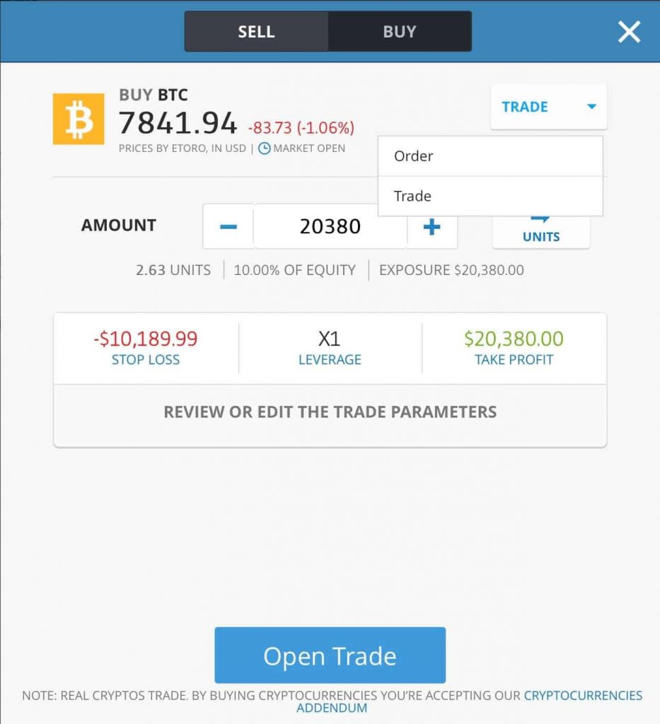 Nákup Bitcoinu na eToro - screenshot rozhrania