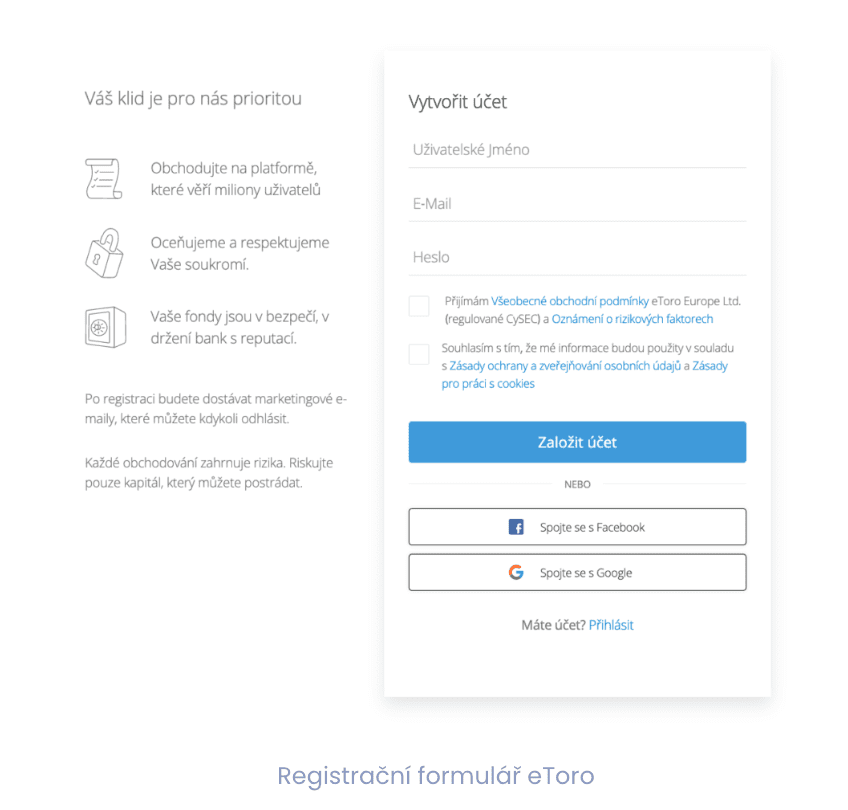Registrační formulář eToro