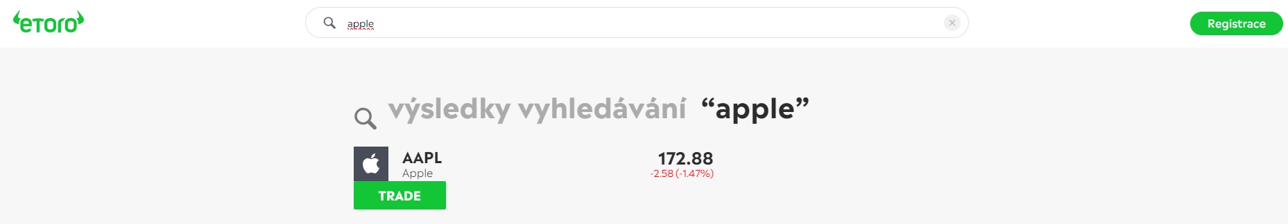 Vyhledávání akcií Apple na eToro
