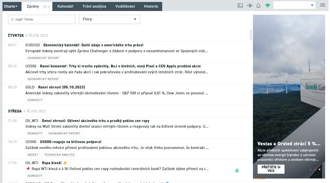 Zprávy a kalendáře na platformě brokera XTB.