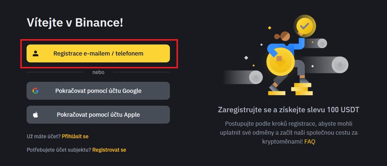 Založení nového účtu na Binance
