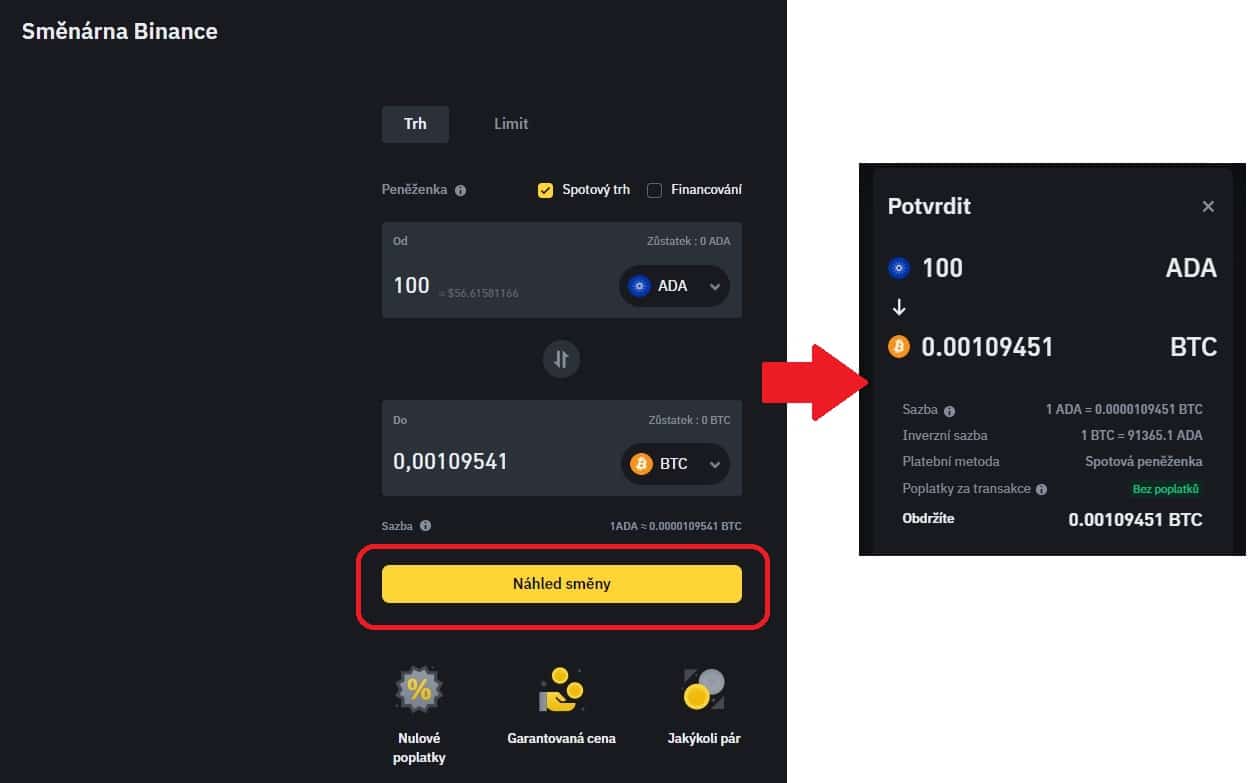 Směna krypto za krypto u krypto směnárny Binance