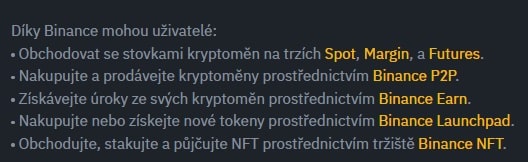 Stručný přehled služeb krypto burzy Binance