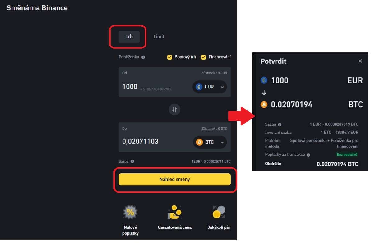 Tržní příkaz na u krypto směnárny Binance