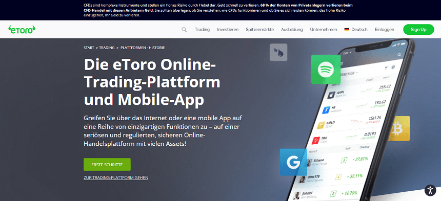Die eToro Online-Trading-Plattform und mobile App