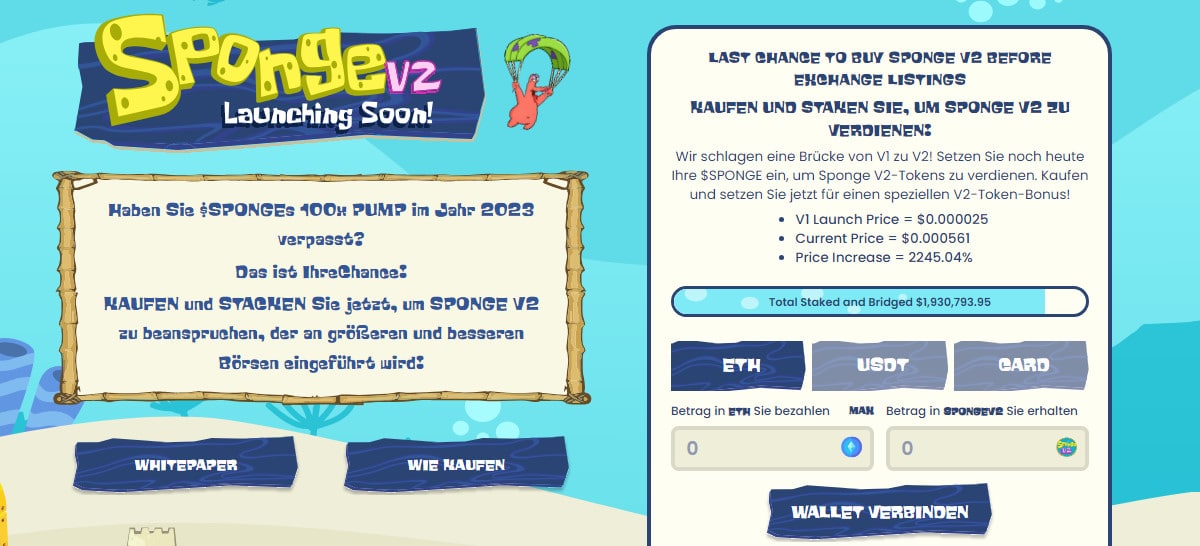 Sponge V2 offizielle Webseite während Vorverkauf Presale Launch