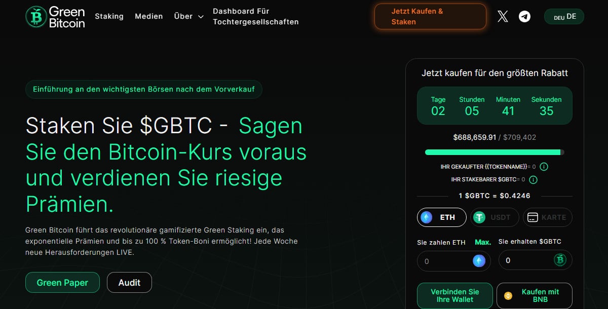 Green Bitcoin offizielle Webseite Vorverkauf Gamified Green Staking