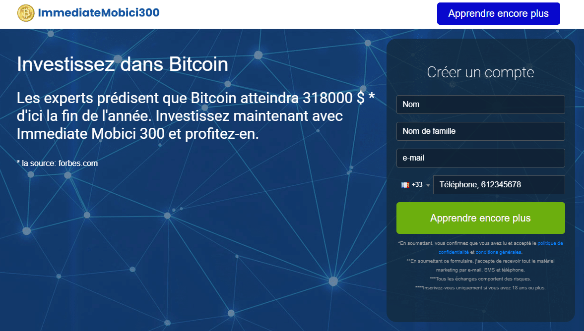 Inscription Immediate Mobic i33 robot trading cryptomonnaies