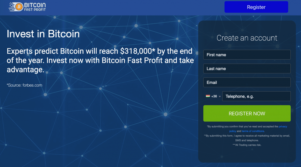 Regisztrálj egy felhasználói fiókot Bitcoin Fast Profit