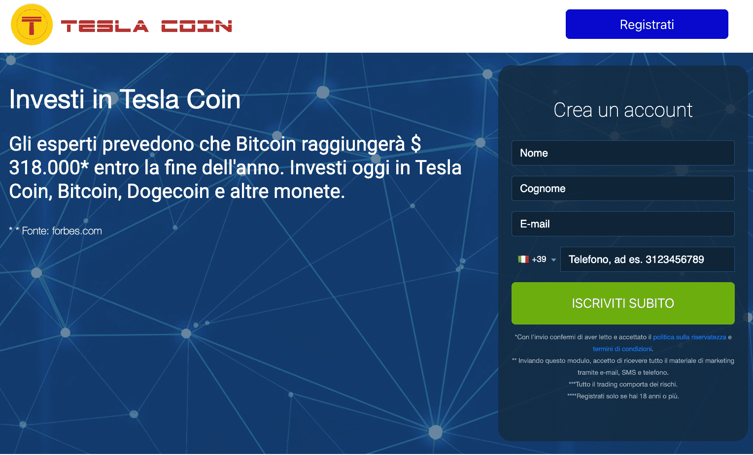 Registrati su Tesla Coin