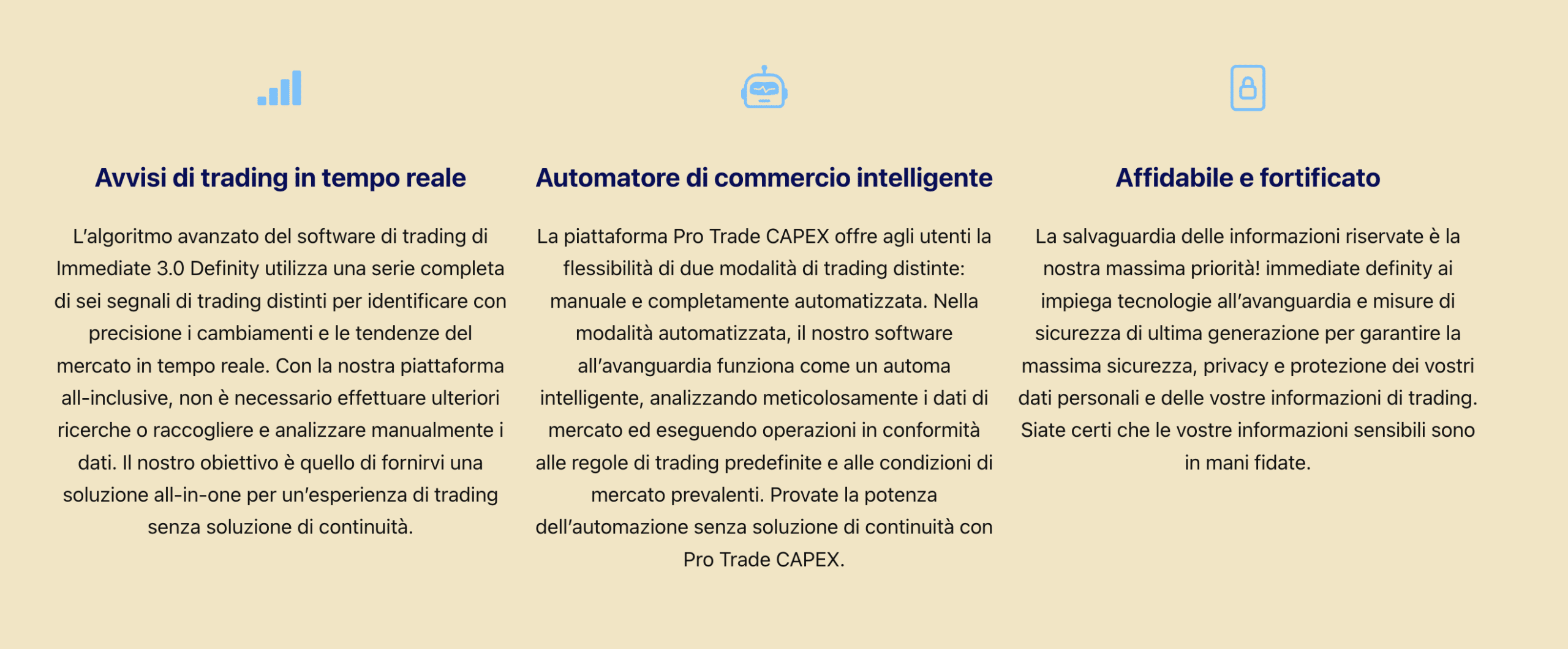 Funzionalità del trading bot Immediate Definity AI