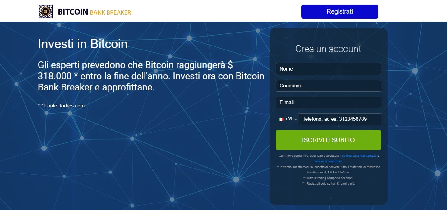 Recensione di Bitcoin Bank Breaker: la landing page