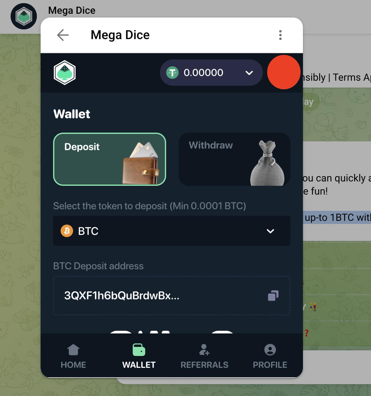Mega Dice - deposito tramite Telegram