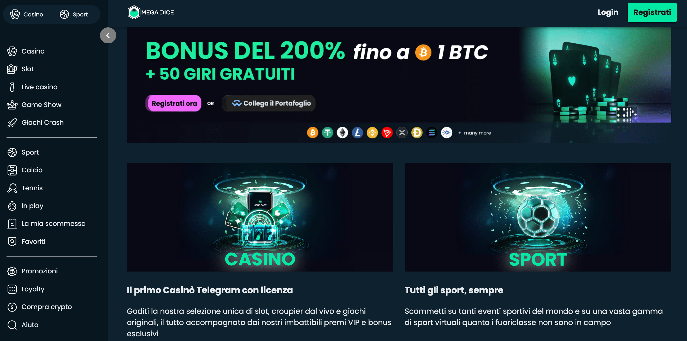 Homepage di Mega Dice Casinò