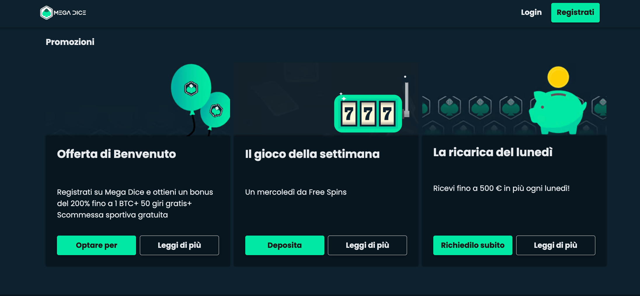 Bonus di benvenuto, bonus settimanale e bonus senza deposito di Mega DIce