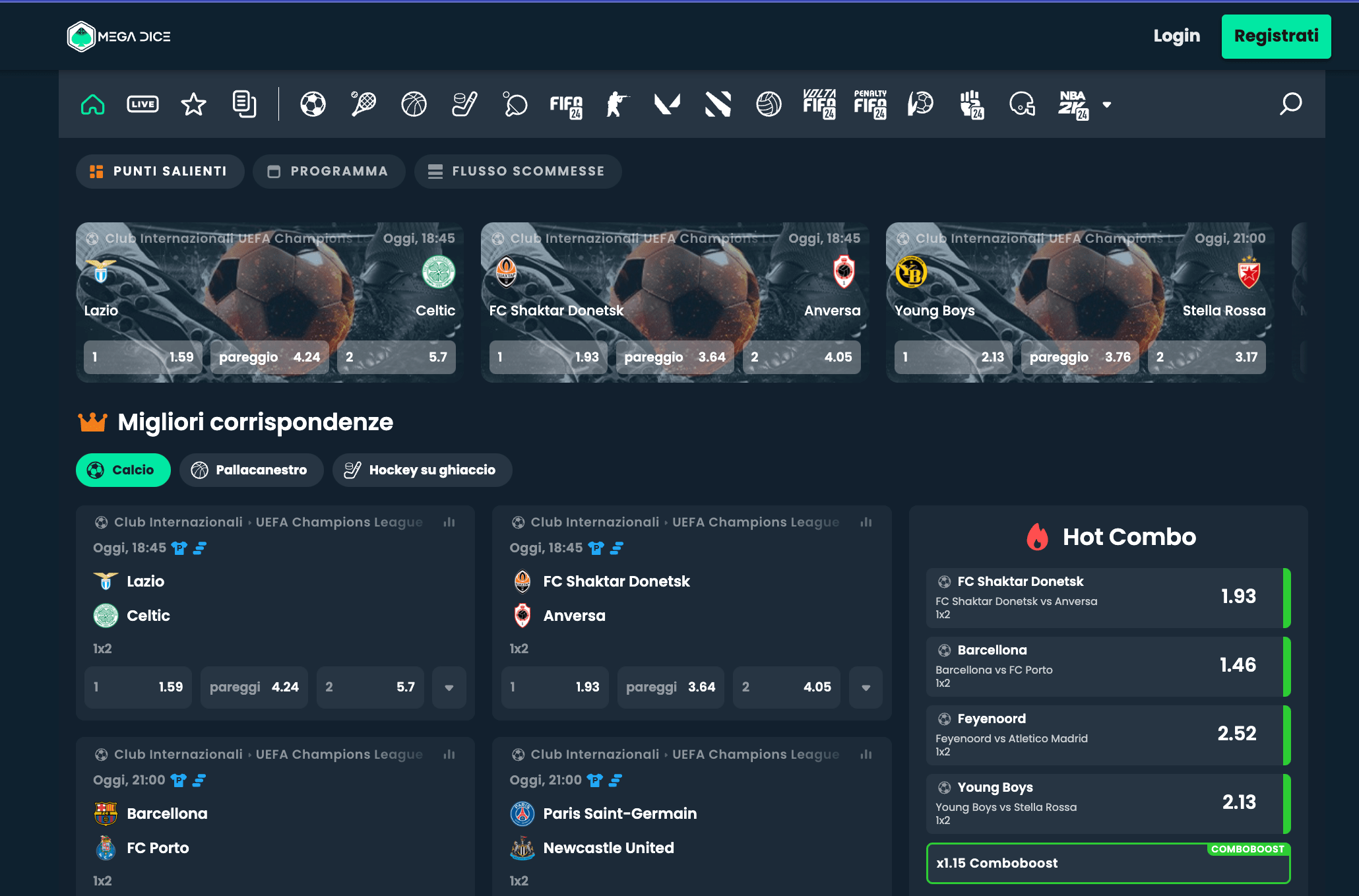 Scommesse sportive su Mega Dice