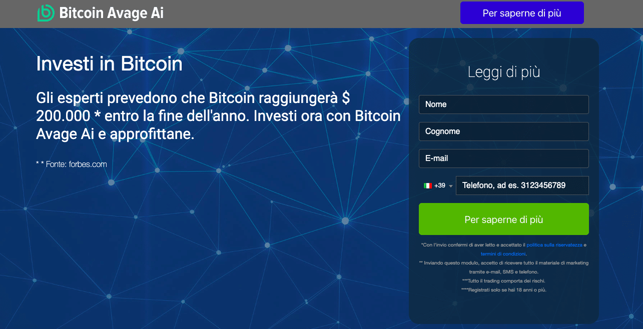 Homepage di Bitcoin Avage AI