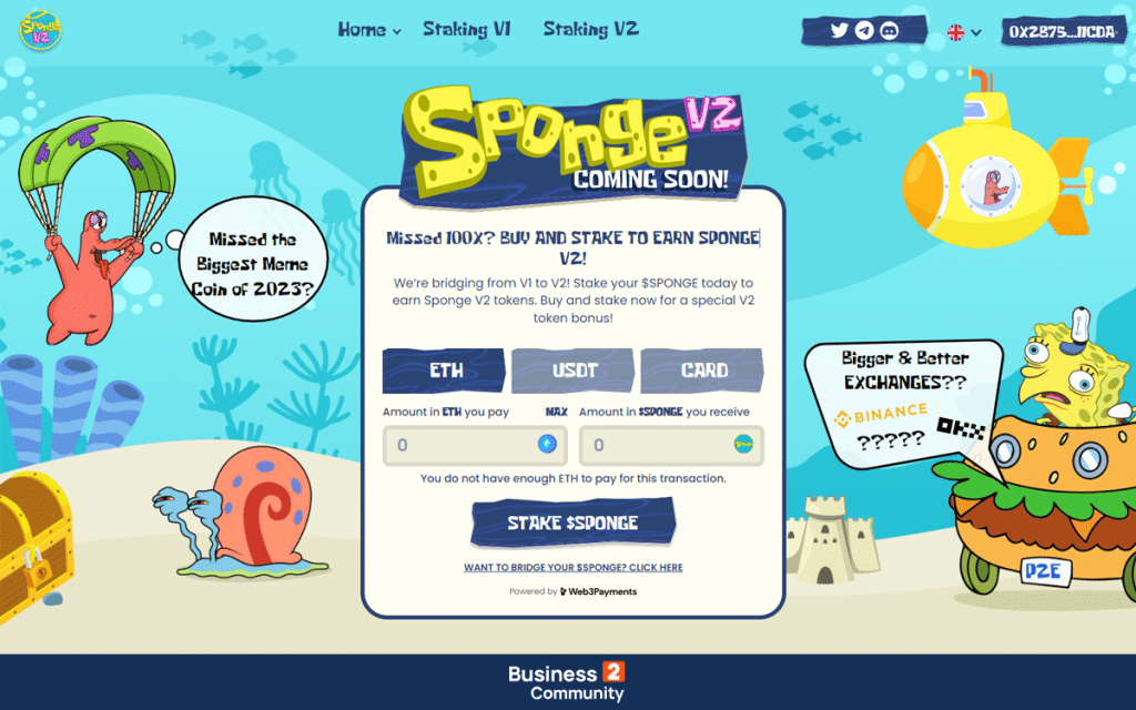 1. Sponge V2 – „Stake-to-Bridge“, „Play-to-Earn“ ir metinis uždarbis vienoje vietoje