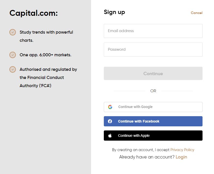 signup sheet capital.com