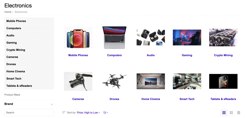Strona działu elektroniki pokazująca kategorie: telefony komórkowe, laptopy, audio, dla graczy, koparki kryptowalut, aparaty fotograficzne, drony, kino domowe, technologia smart oraz tablety i e-czytniki. 