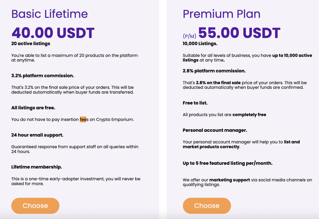 Dwa plany członkostwa dla sprzedających na platformie Crypto Emporium - Basic Lifetime za 40 USD jednorazowo oraz Premium Plan za 55 USD miesięcznie.