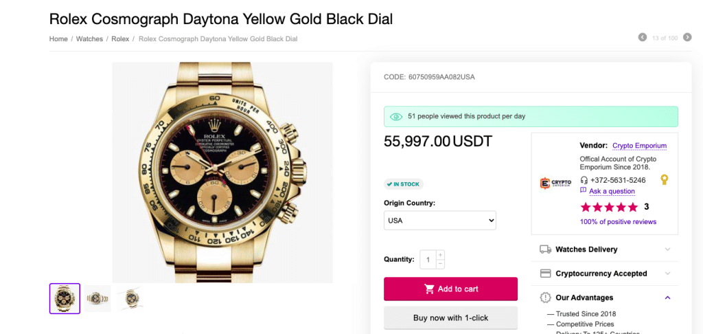 Strona zegarka Rolex Cosmograph Daytona ze złoto-czarną tarczą, podająca cenę 55997 dolarów oraz możliwość dodania produktu do koszyka.