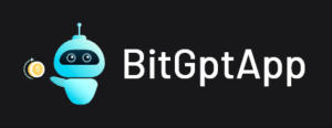 Logo portalu BitGptApp: biała czcionka na czarnym tle z ilustracją niebieskiej maskotki-robota.