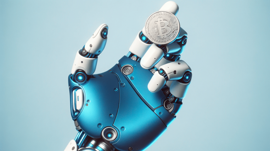 ręka robota trzymająca w ręku monetę kryptowaluty przyszłości