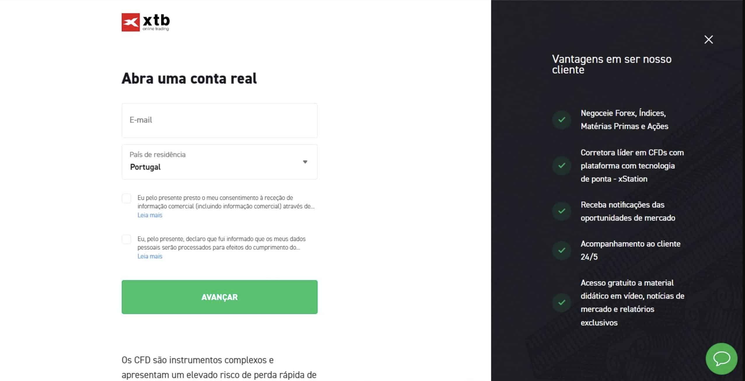 Faça o registo de conta na XTB