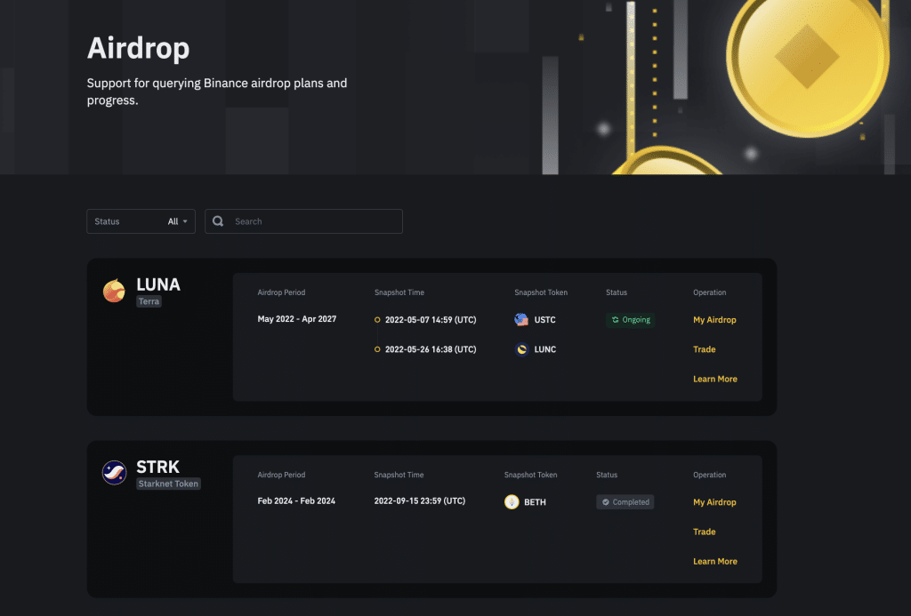 Binance Airdrops - Principal bolsa de criptomoedas que oferece criptomoedas gratuitas de novas listagens