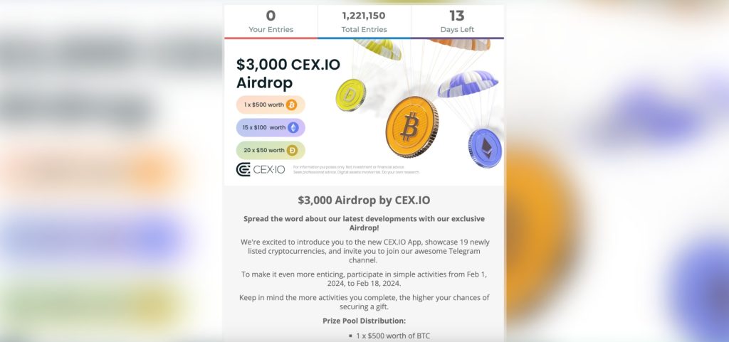 CEX.io - Bolsa de criptomoedas popular que oferece US$ 3.000 em moedas Airdrop gratuitas