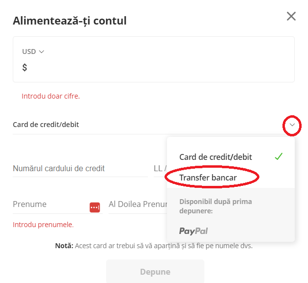 Depositing funds to eToro