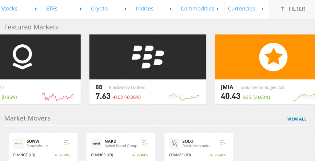 Platforma na obchodovanie s akciami eToro - screenshot