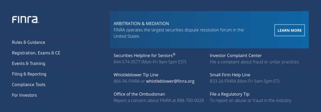 Finra - regulácia obchodných platforiem - screenshot