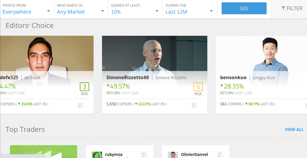 Platforma na kopírovanie obchodovania - screenshot rozhrania s tromi investormi