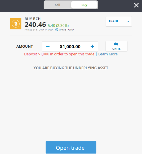 Kúpiť Bitcoin Cash cez eToro