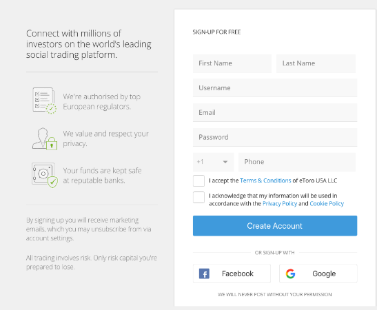 Registračný formulár na eToro