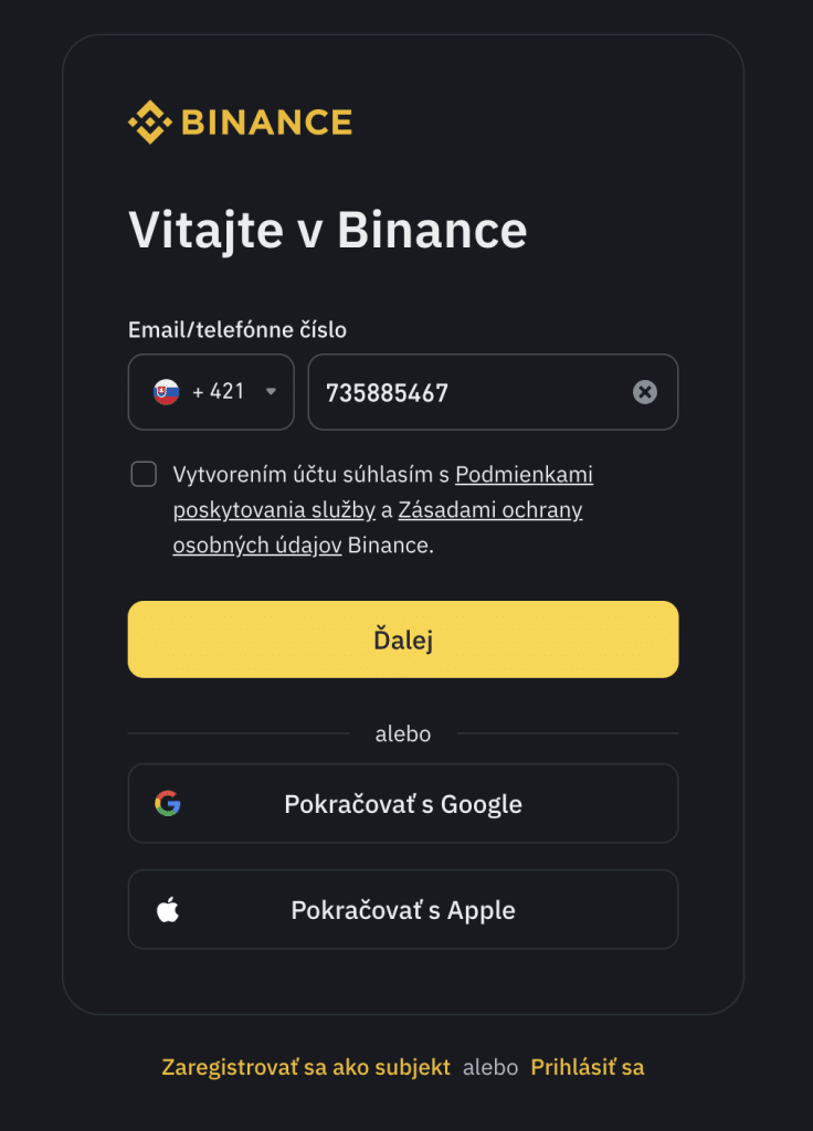 Registrácia Binance