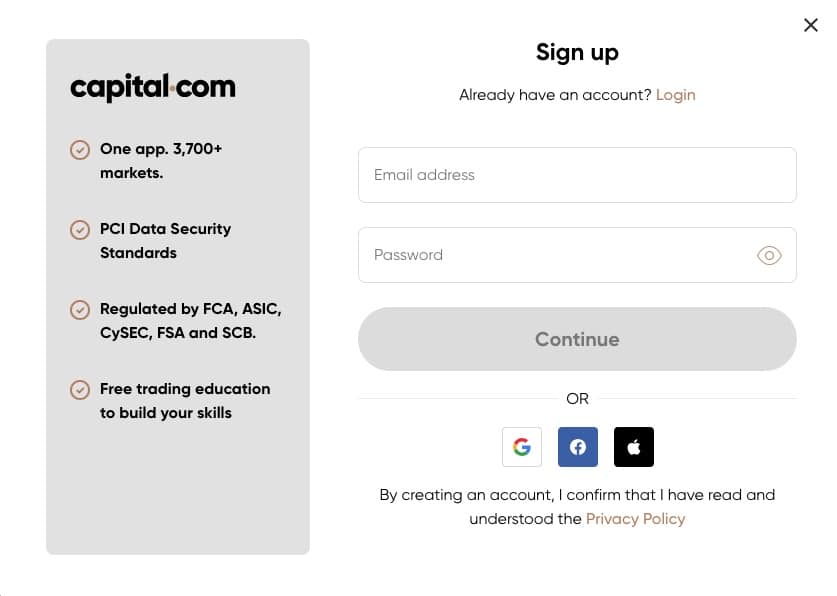 Capital.com เปิดบัญชีและฝากเงิน