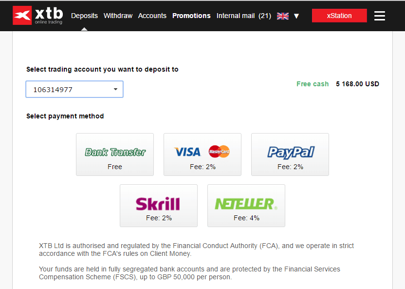 XTB deposit funds into account