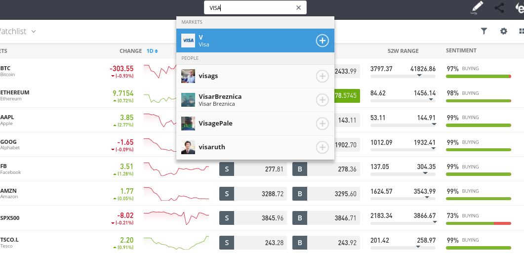 search for stocks on eToro