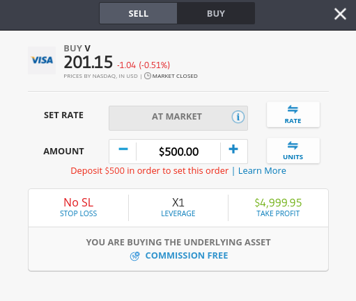 obchodná aplikácia etoro - nákup akcií visa