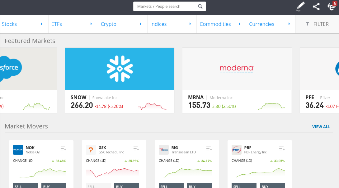 Marchés CFD d'etoro 