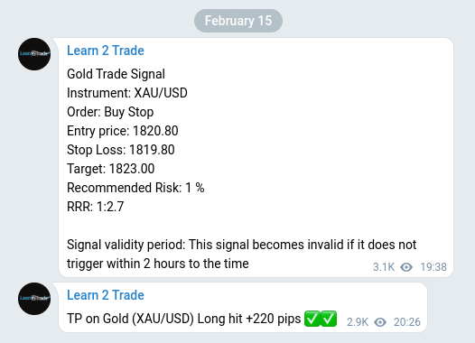 Príklad obchodného signálu od Learn2Trade