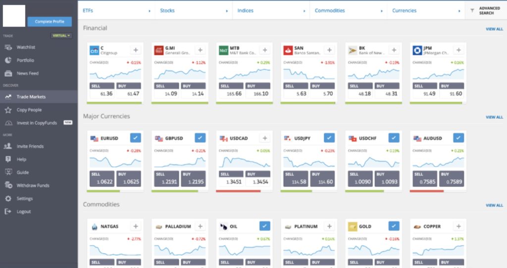 etoro etf trading platform dashboard